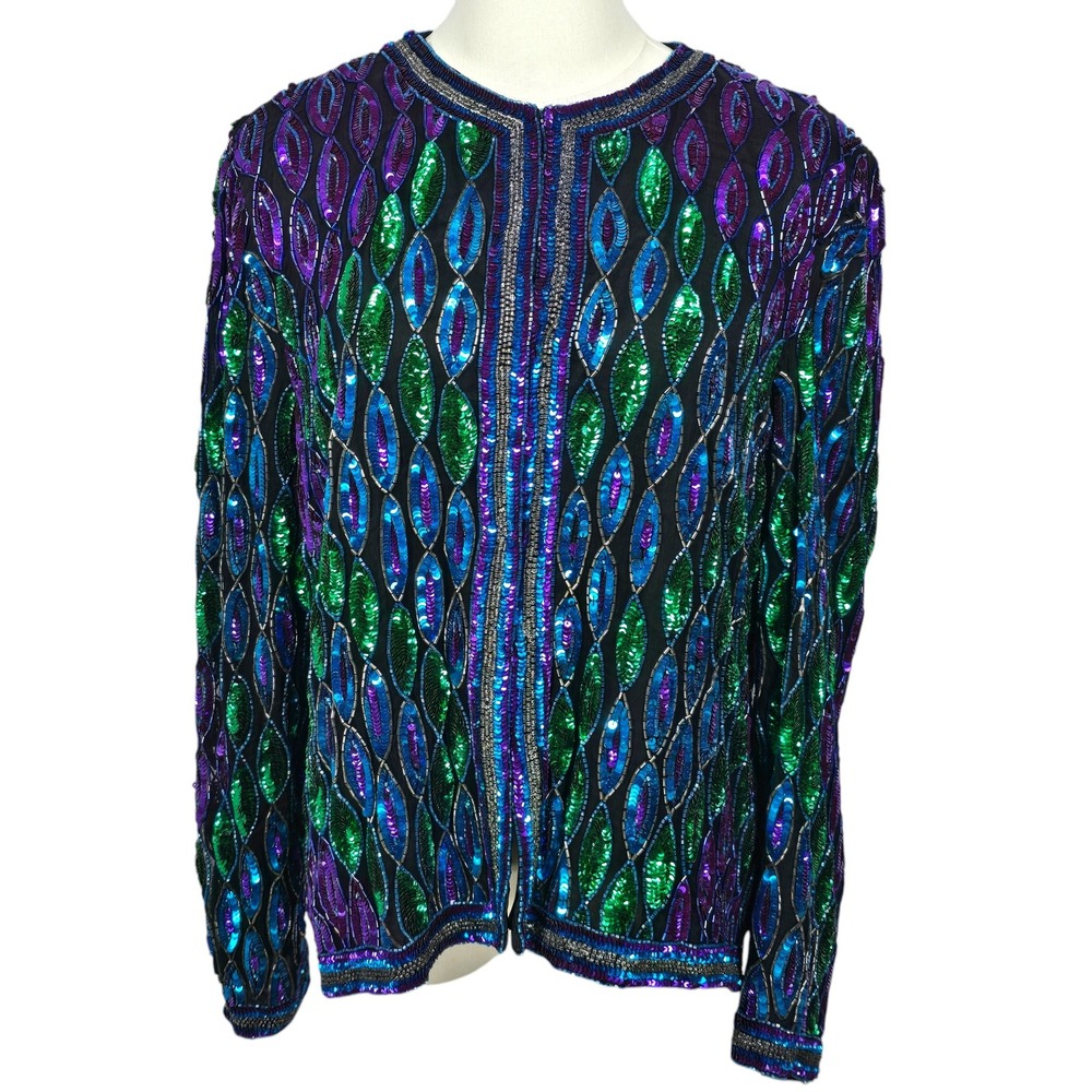 Laurence Kazar Vintage Beaded Sequin Silk Jacket XL Green Blue Purple Evening - Picture 1 of 11